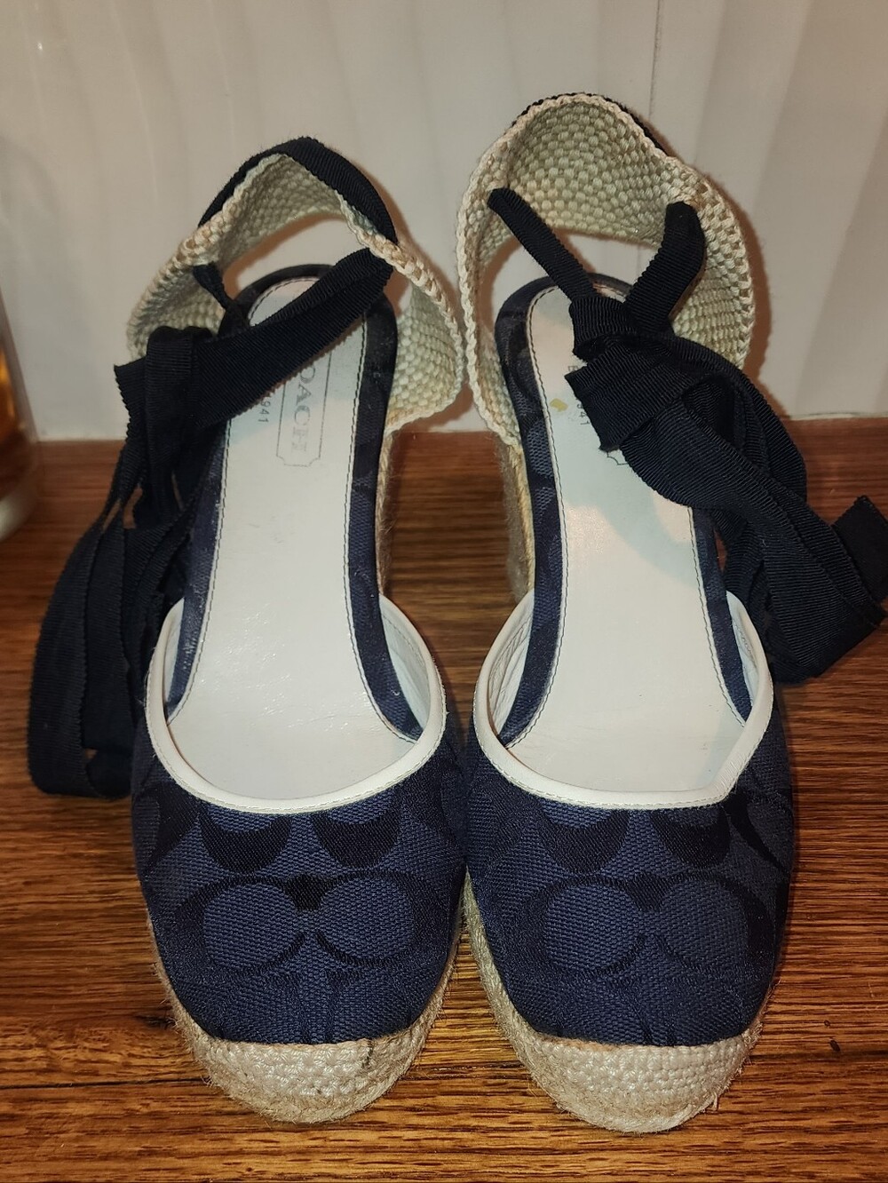 Coach Navy Jacquard Espadrille Wedges with Ankle Wrap